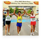 Left to right Nathan Deakes (AUS), Jefferson Perez (ECU) and Robert Korzeniowski (POL) - the medallists of the men